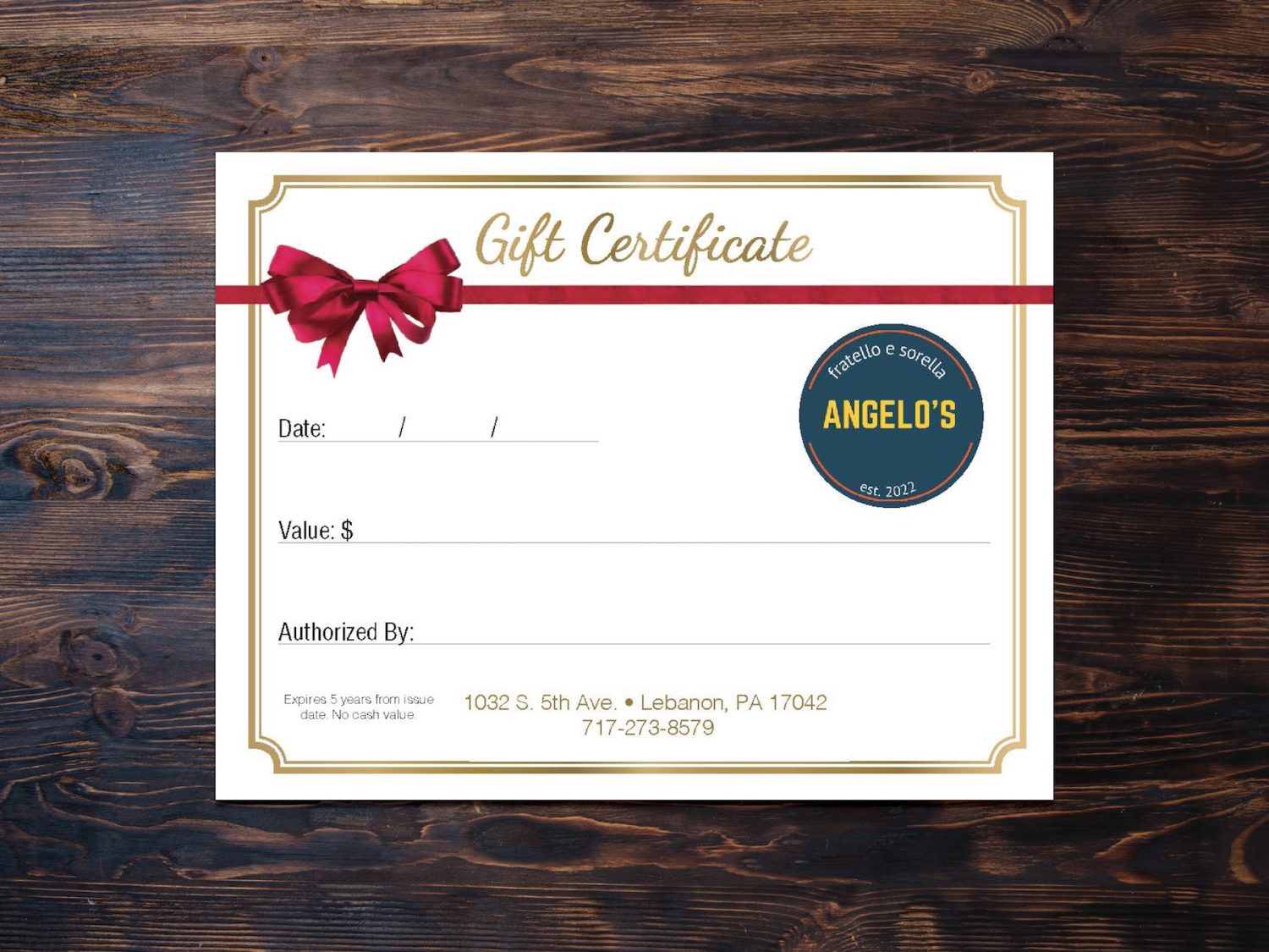 Angelo’s Gift Certificate