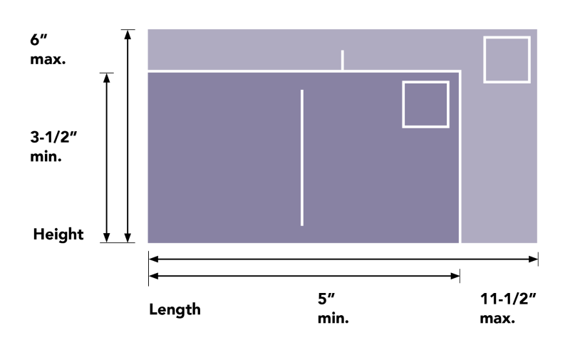 Minimum and maximum sizes for postcards are shown in this mini graph.