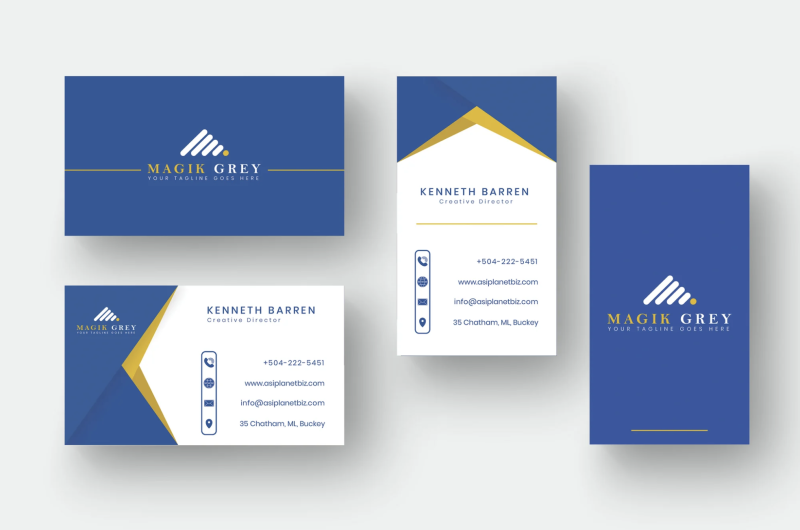 Vertical and horizontal versions of a business card.